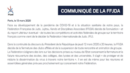 COMMUNIQUÉ DE LA FFJDA - FERMETURE DES CLUBS